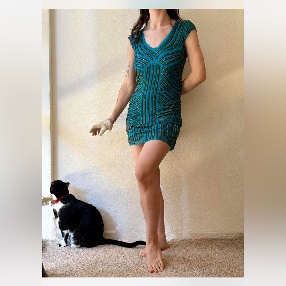 Vintage Alberto Kamali Teal Heavily Beaded Tiered Mini Dress 6